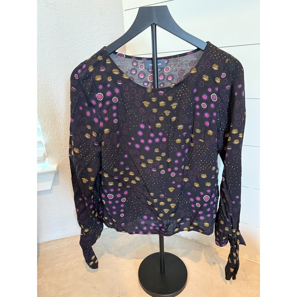 ModCloth Black Multicolor Geometric Print Long Sleeve Tie Cuff Blouse Women's Sz